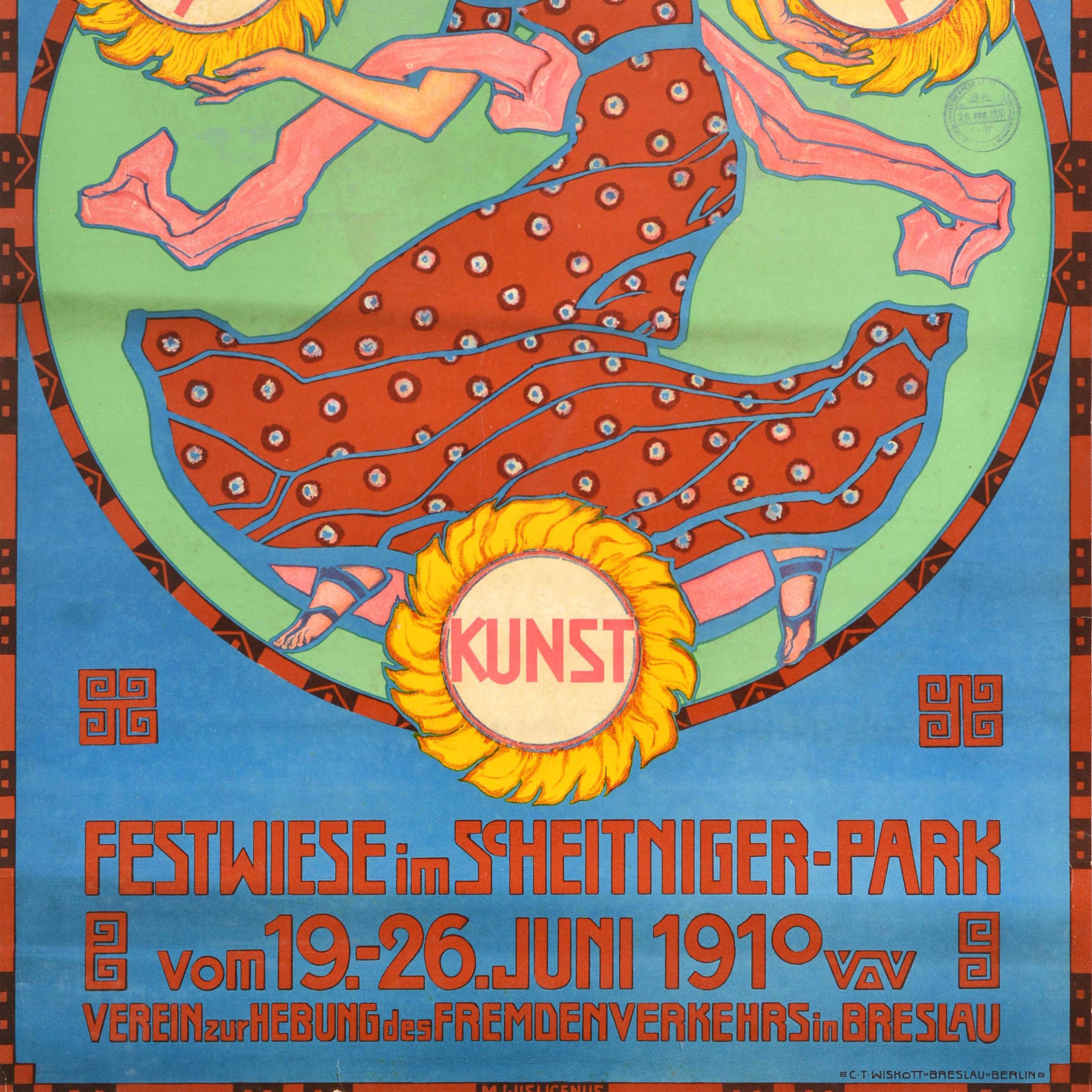 Original antique advertising poster for the Breslauer Festwoche Sport Spiel Kunst Festwiese im Scheitniger Park / Wroclaw Festival Week Sport Games Art Fairground in the Szczytnicki Park from 19-26 June 1910 featuring colourful Jugendstil artwork of