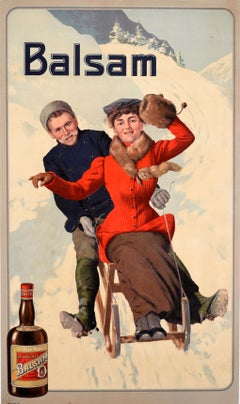 Cartel Publicitario Original Antiguo Aperitivo Bebida de Licor Bálsamo Trineo Bélgica