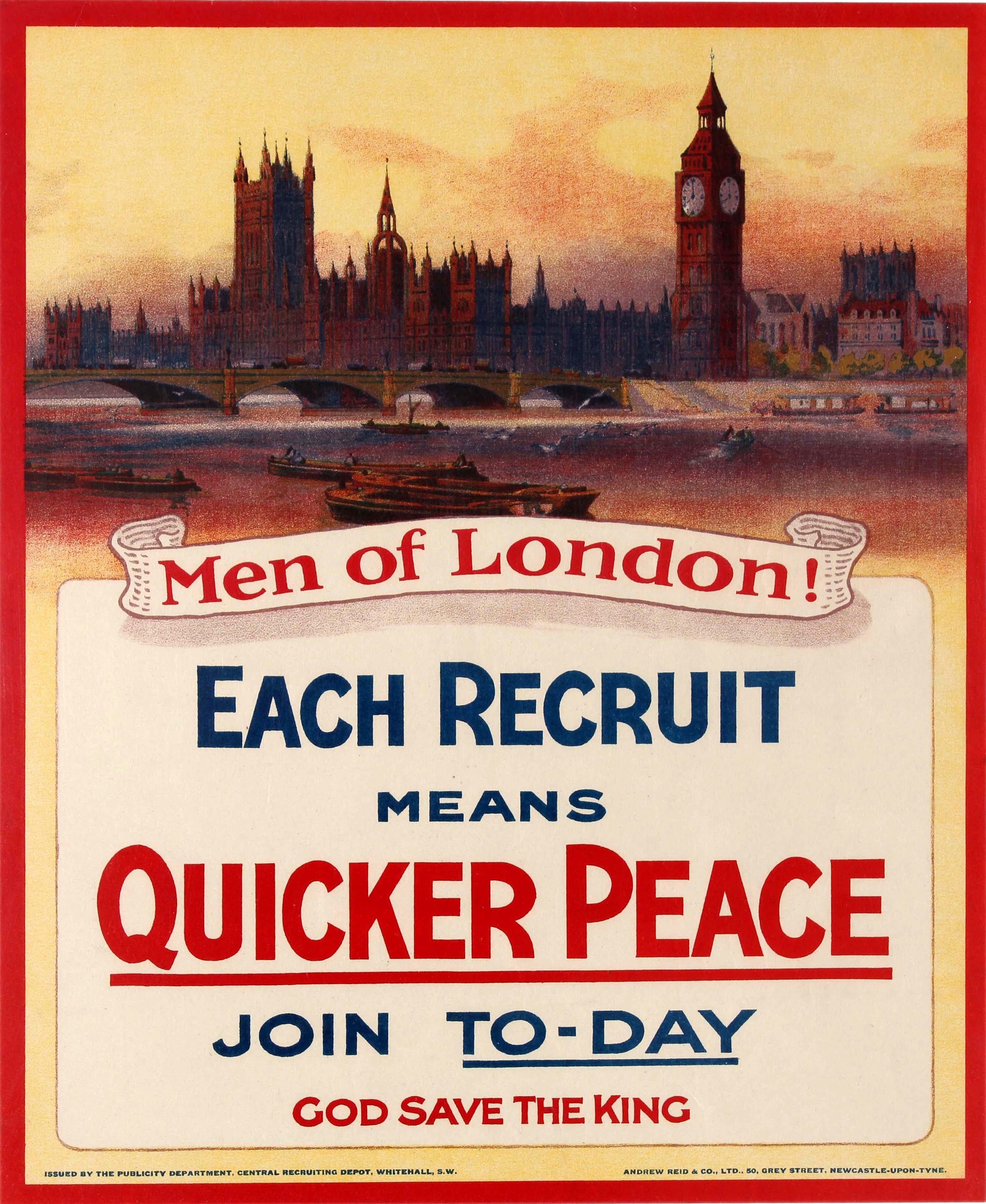 Unknown Print - Original Antique Army WWI Poster Men Of London Each Recruit Means Quicker Peace 