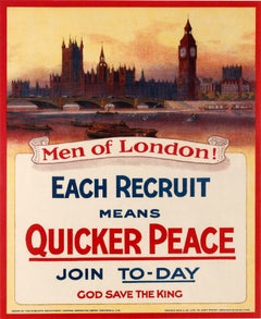 Original Antique Army WWI Poster Men Of London Each Recruit Means Quicker Peace 