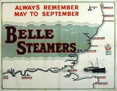 Original Antique Belle Steamers Poster Paddle Steamer Ship Map London East Coast