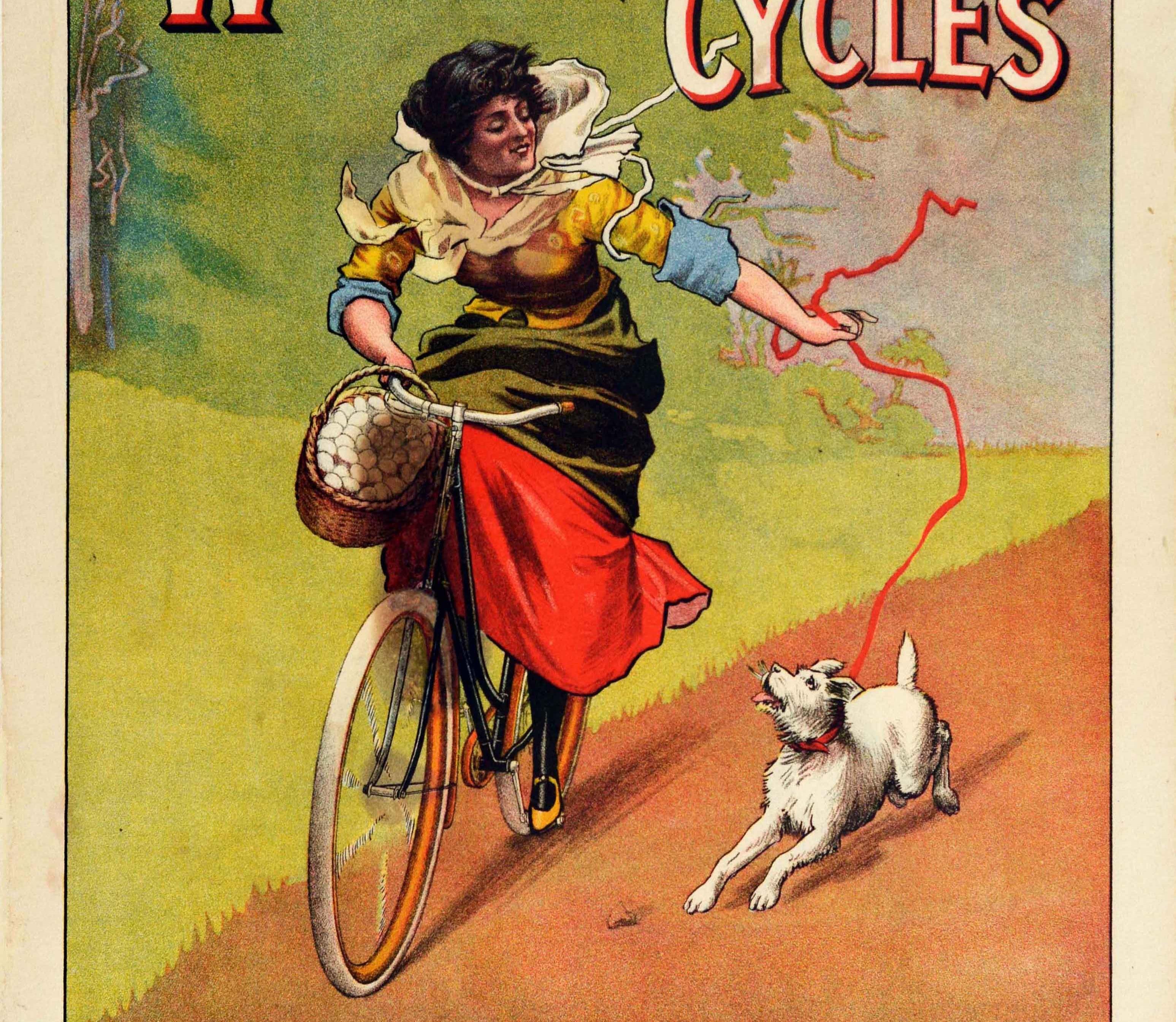 Originales antikes Werbeplakat für The White Cycles White Sewing Machine Cie London et Paris mit einem großartigen Bild einer lächelnden jungen Dame in einem farbenfrohen Kleid auf einem Fahrrad mit einem Korb voller Eier auf dem Lenker und einem
