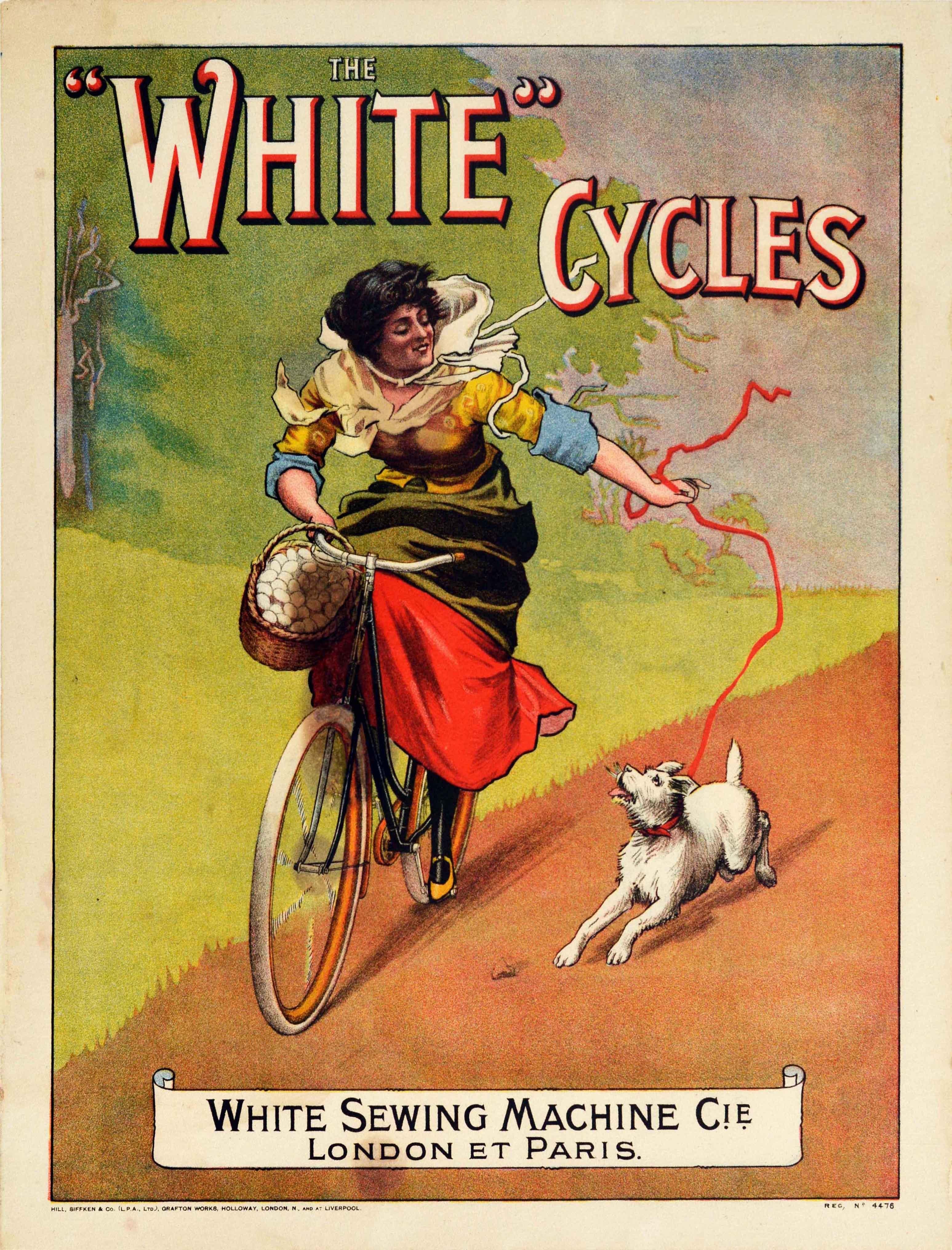 Unknown Print – Original Antikes Original-Bicycle-Poster, weiße Fahrrade, weiße Nähmaschine, Radfahrer und Hund