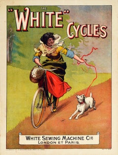 Original Antikes Original-Bicycle-Poster, weiße Fahrrade, weiße Nähmaschine, Radfahrer und Hund