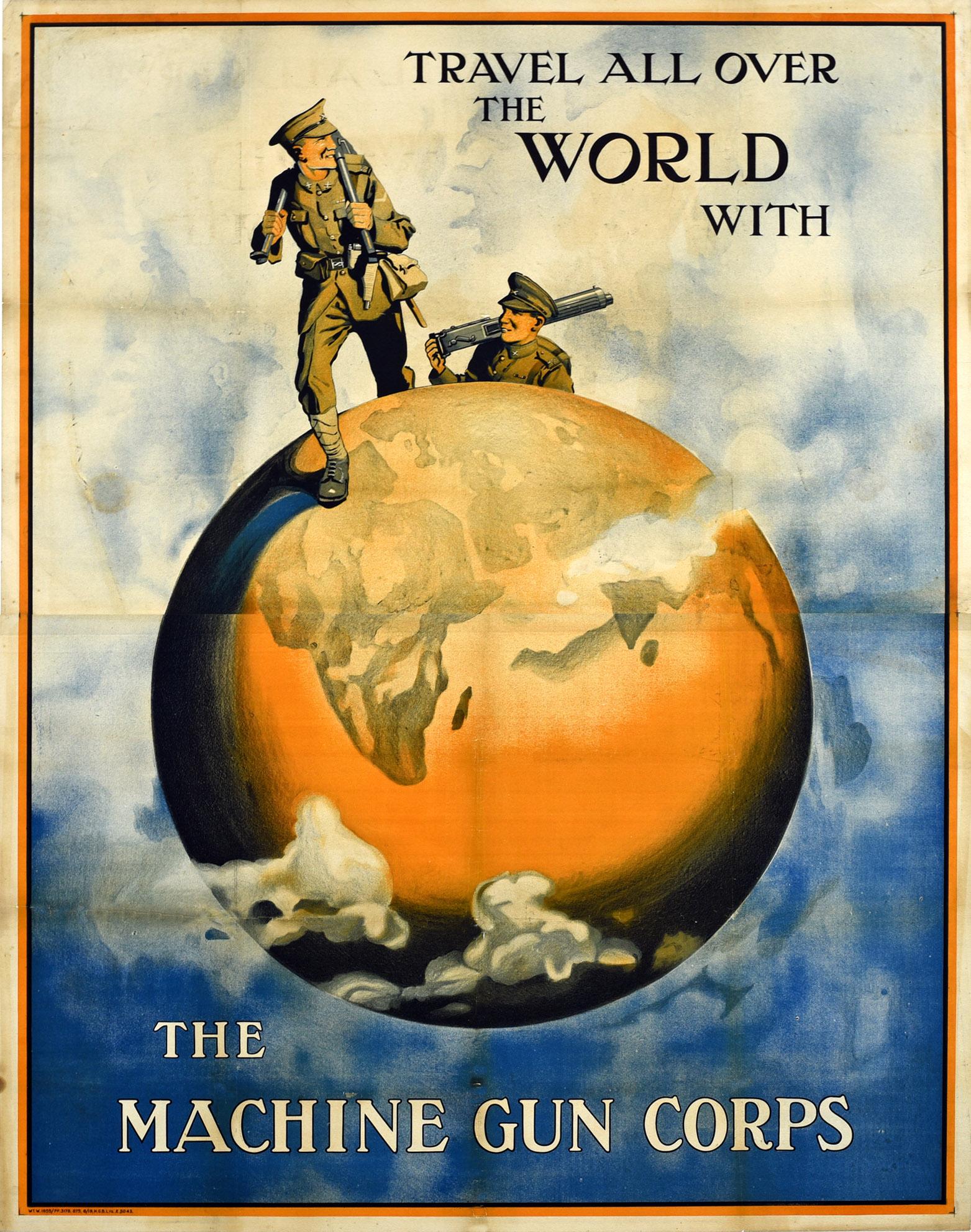 Unknown Print - Original Antique British Army Machine Gun Corps Recruitment Poster Travel World