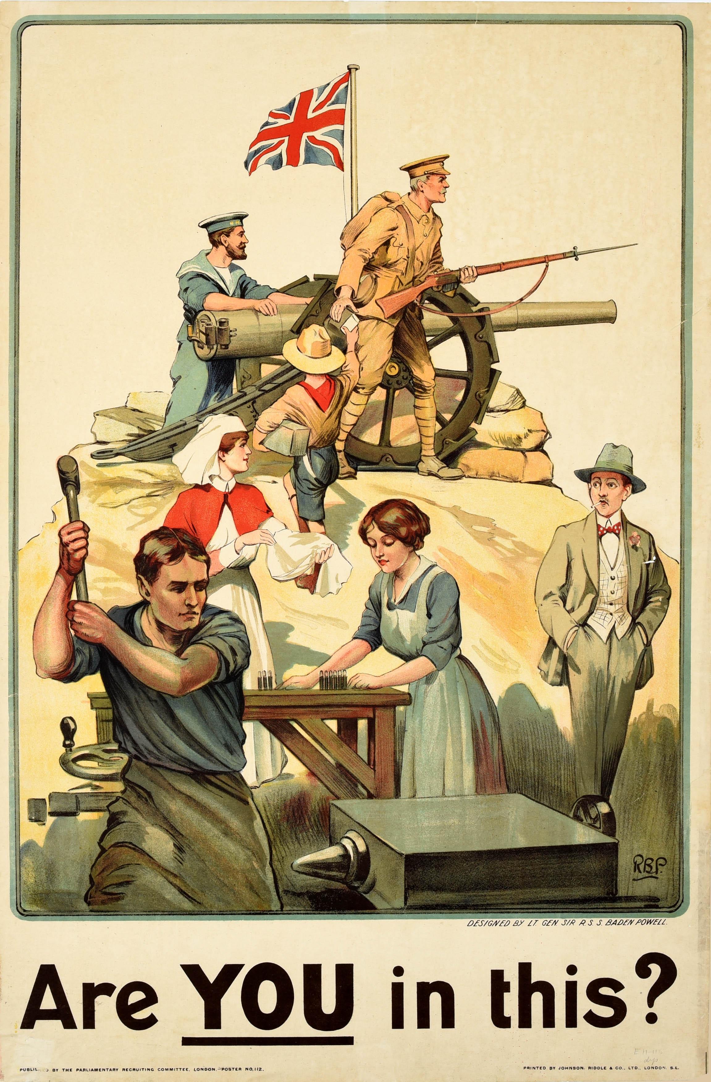 Unknown Print - Original Antique British War Recruitment Propaganda Poster Are You In This WWI