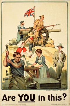 Original Antique British War Recruitment Propaganda Poster Are You In This WWI