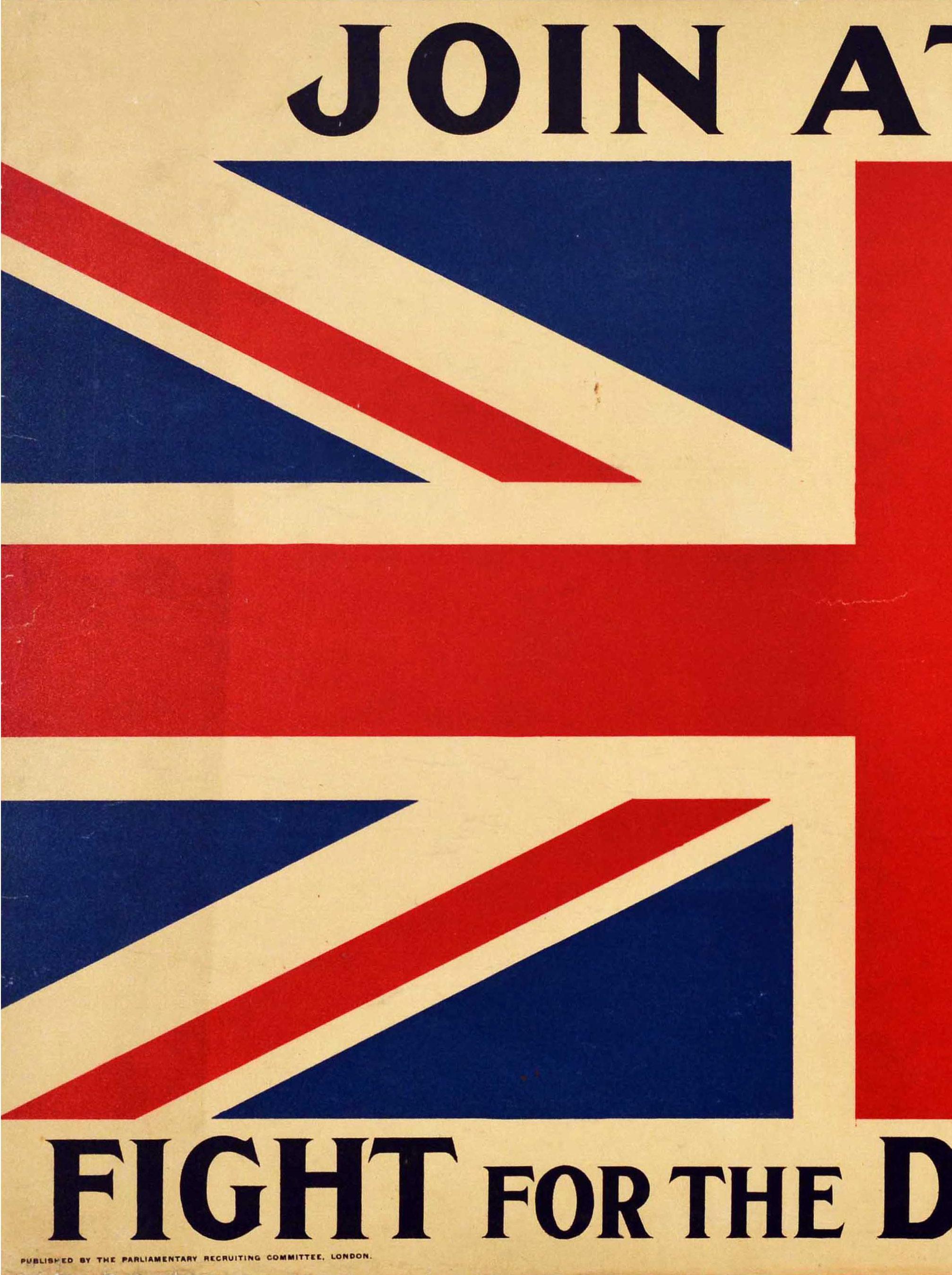 Originales antikes britisches Rekrutierungsplakat aus dem Ersten Weltkrieg „ Join At Once Fight For Flag“ (Orange), Print, von Unknown