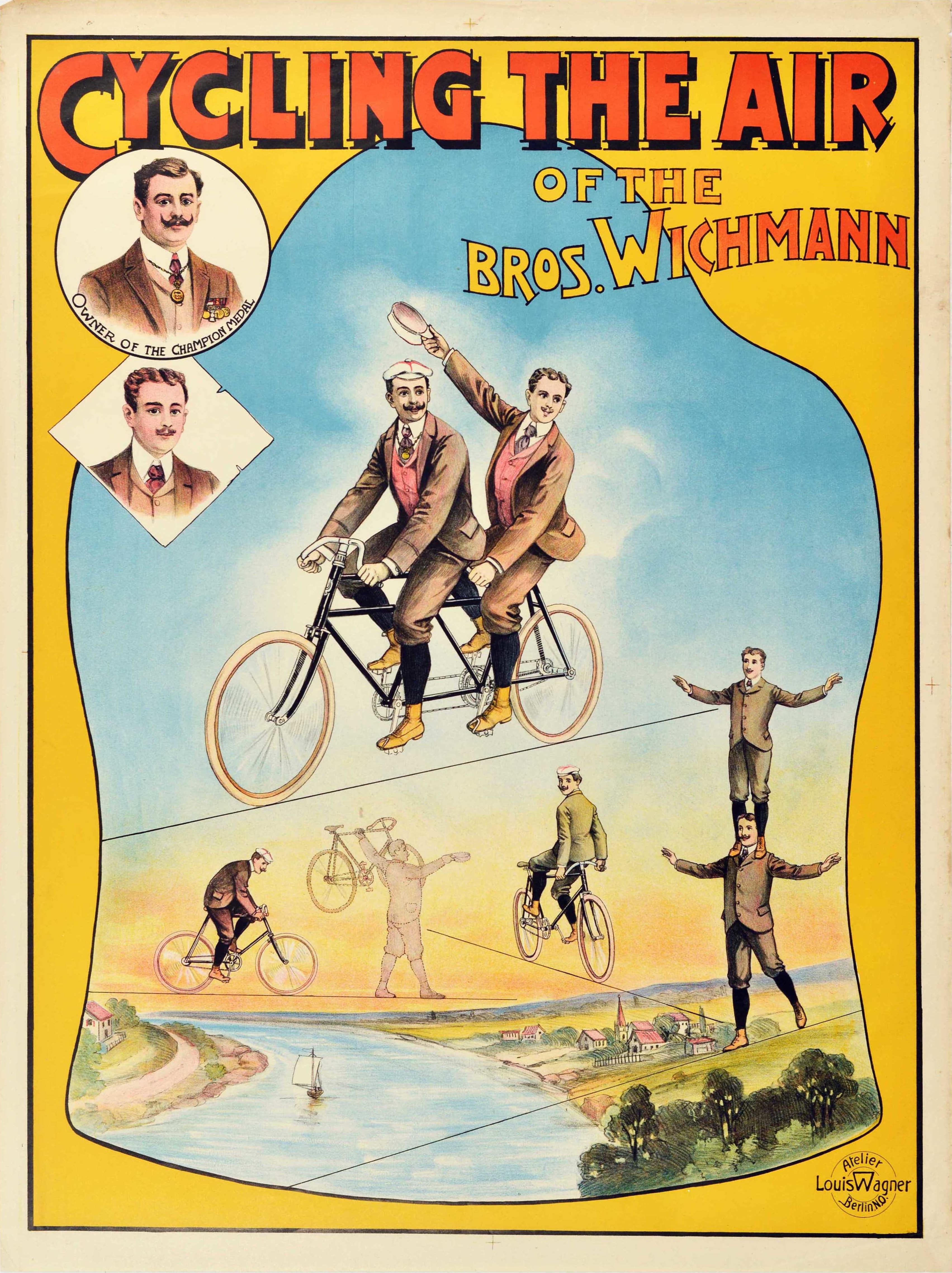 Unknown Print - Original Antique Circus Advertising Poster Cycling The Air Bros Wichmann Design
