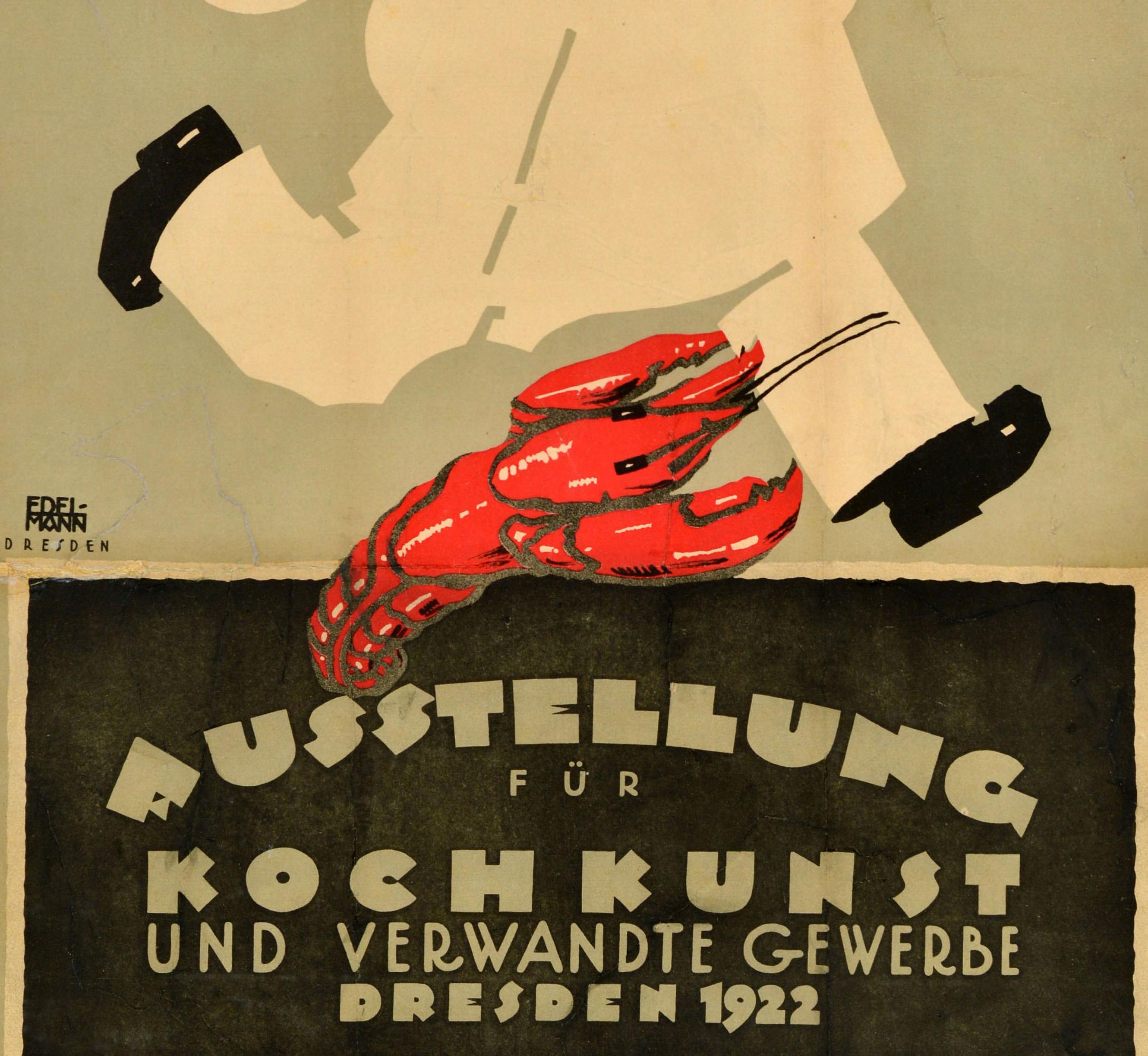 Original antique cooking event advertising poster - Austellung fur Kochskunst und Verwandte Gewerbe Dresden 1922 / Exhibition for Culinary Arts and Related Trades 25 to 18 March - featuring a great design depicting a chef running while holding up a