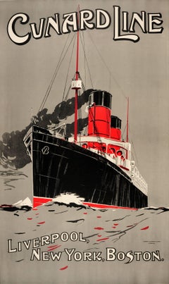 Original Antique Cruise Ship Travel Poster Cunard Line Liverpool New York Boston