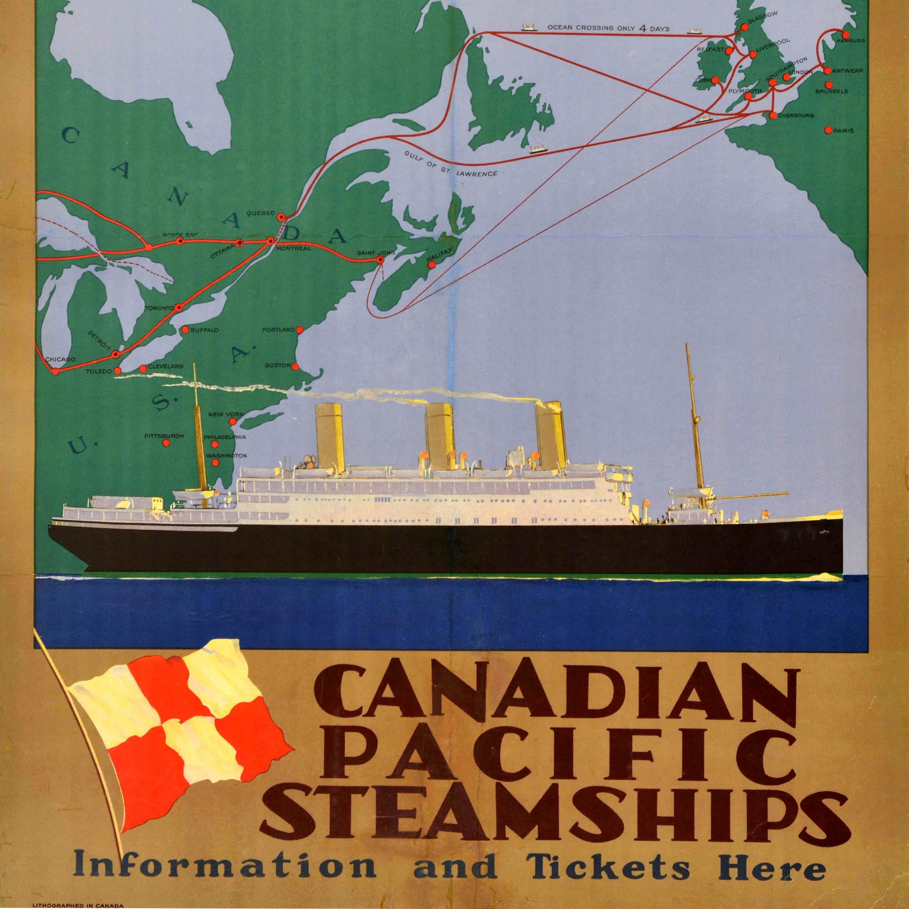 Original antique cruise ship travel poster for Canadian Pacific Steamships The short route St Lawrence Seaway to and from Europe featuring a sleek ocean liner sailing at sea in front of a globe on the background showing the route map from Canada and