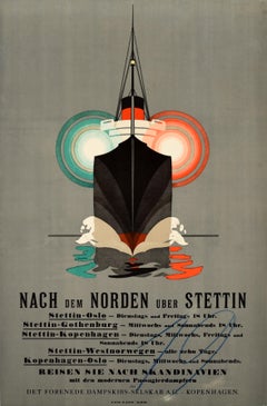 Affiche originale de voyage de croisière ancienne North Via Szczecin, Stettin, Scandinavie