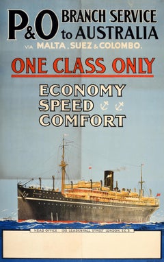 Original Antique Cruise Travel Poster P&O Australia Economy Speed Comfort