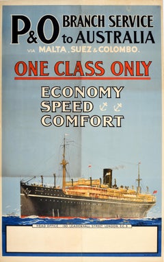 Original Antique Cruise Travel Poster P&O Australia Economy Speed Comfort