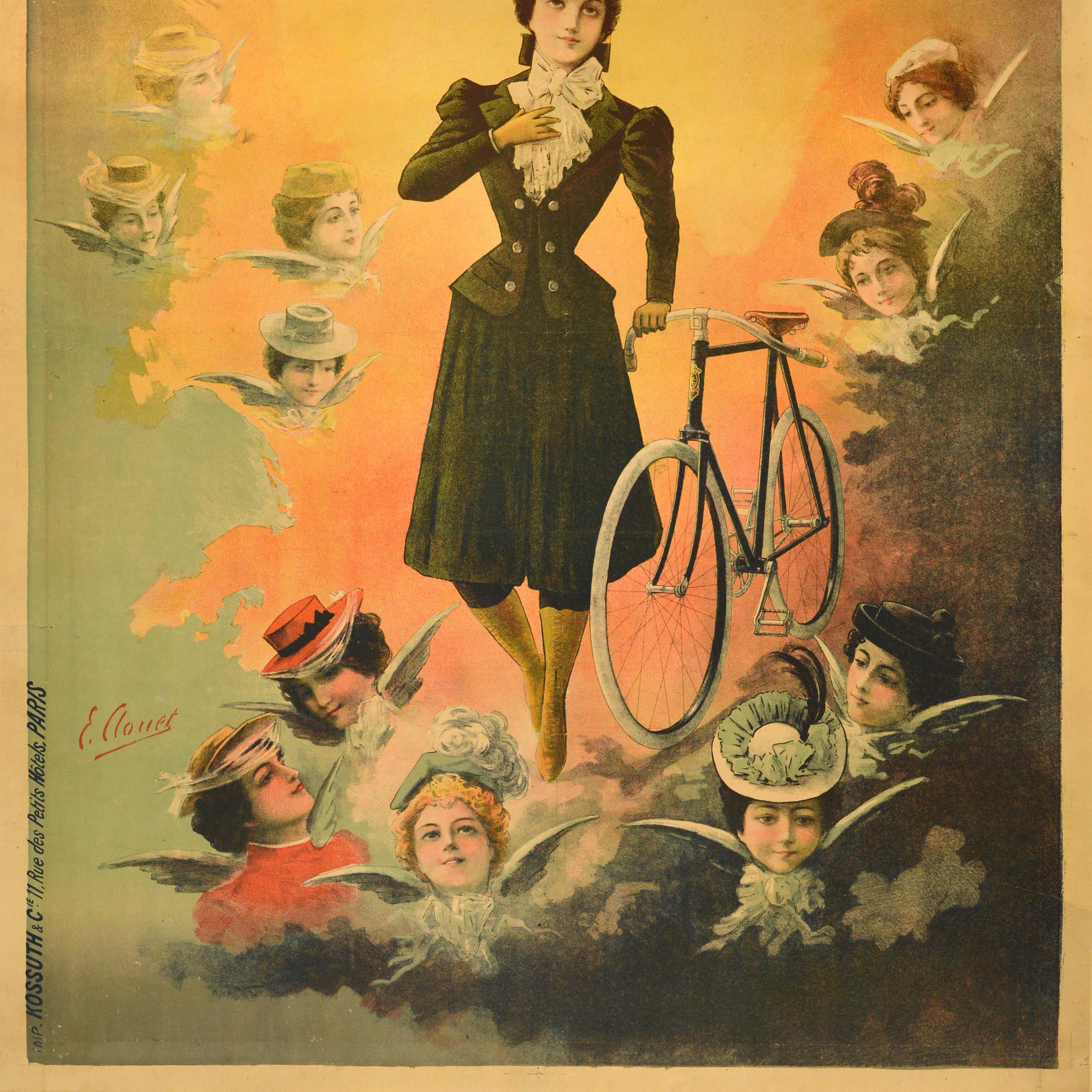 Ancienne affiche publicitaire originale pour les bicyclettes Up&Up présentant une illustration céleste d'une dame habillée à la mode avec une bicyclette éclairée par le soleil brillant derrière elle et les visages des dames comme des anges avec des