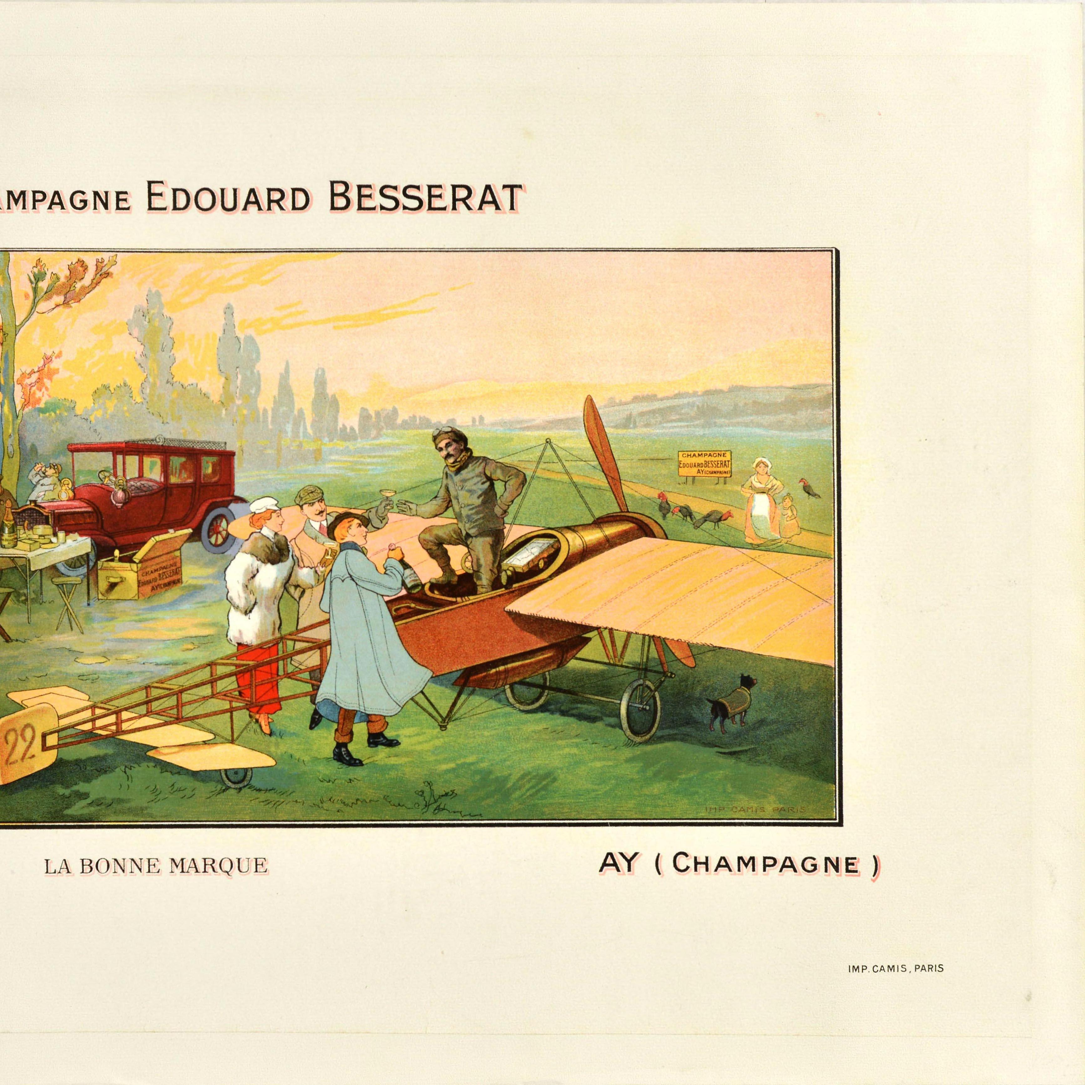 Originales antikes Getränke-Werbeplakat für Champagne Edouard Besserat la bonne marque Ay (Champagne), mit einer Illustration eines frühen Eindeckers, die den Piloten zeigt, wie er ein Glas Champagner mit einer Gruppe von Menschen in der Landschaft