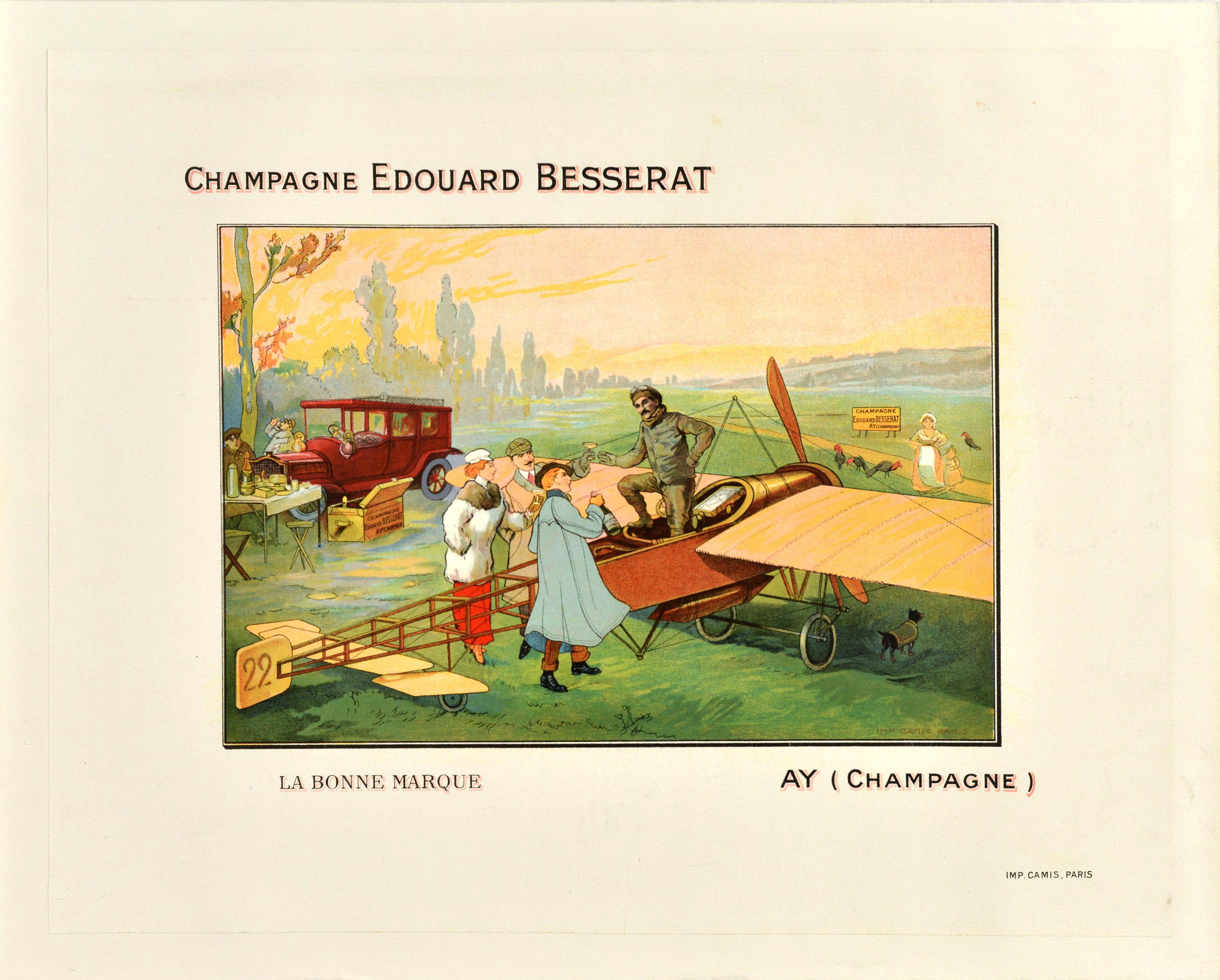 Unknown Print – Original Antikes Werbeplakat für Getränke, Champagner, Edouard Besserat-Flugzeug, Pilot