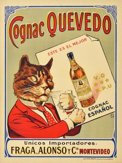 Original Antike Getränke-Werbeplakat Cognac Quevedo Alcohol Katze Spanien VO
