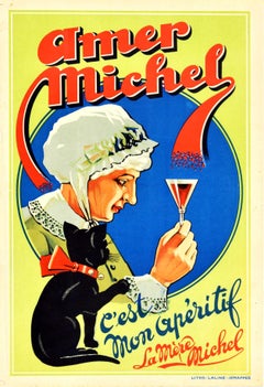Original Antique Drink Poster For Amer Michel C'Est Mon Aperitif Black Cat Art