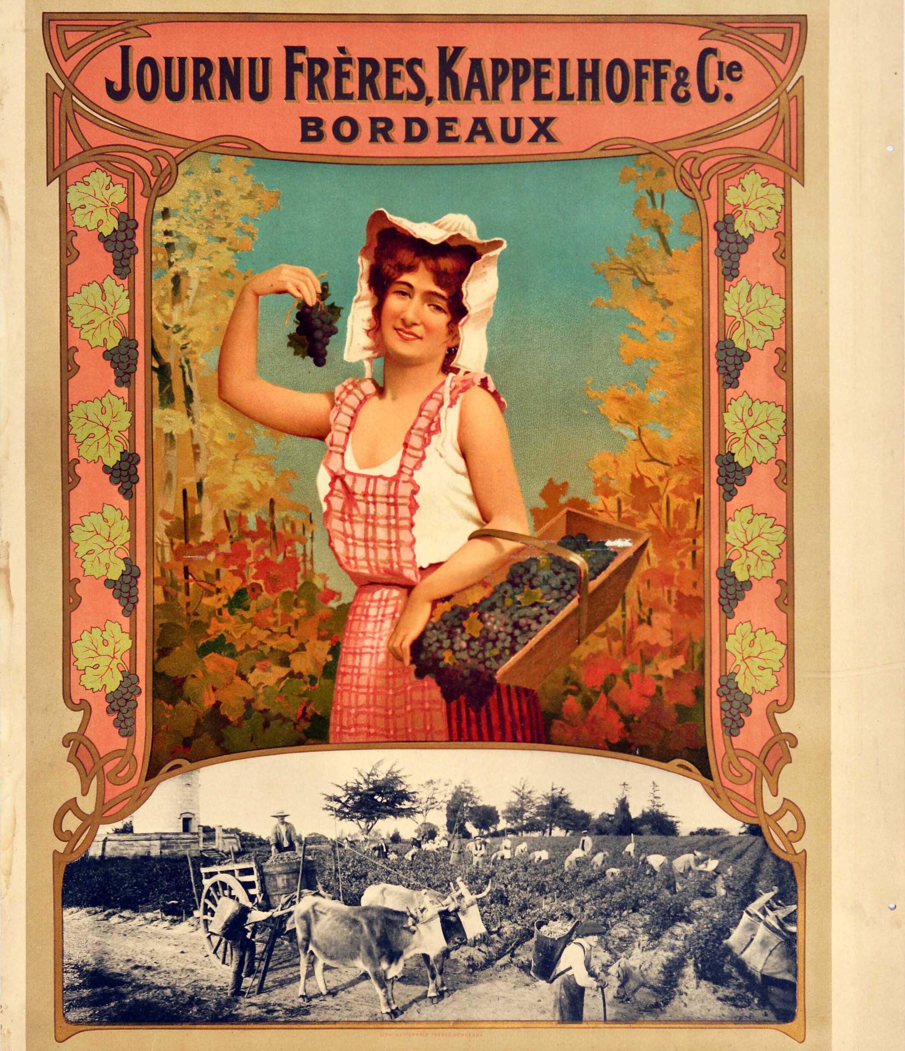 Original antique drink advertising poster for Journu Freres, Kappelhoff & Cie. Bordeaux wine featuring a colourful image of a smiling grape picker holding a basket of grapes and a bunch in her hand to show the viewer, a black and white photo below