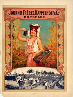 Original Antikes Original-Getränkeplakat für Journu Freres Kappelhoff, Bordeaux, Wein, Frankreich