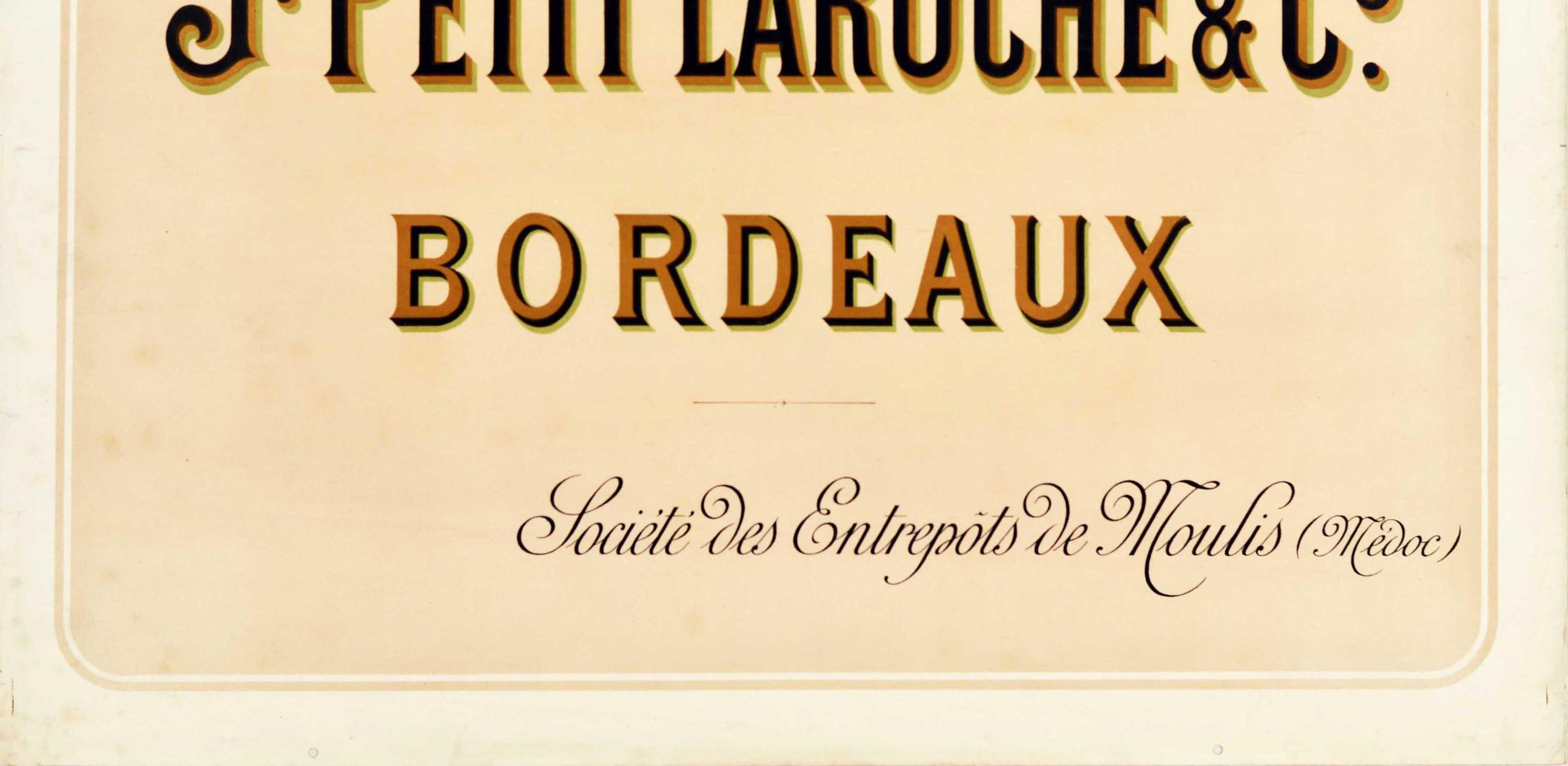 Originales antikes Getränke-Werbeplakat für J. Petit Laroche & Co Bordeaux Societe des Entrepots de Moulis Medoc mit dem Titeltext der Weinhersteller in Fettdruck und dem restlichen Text in stilisierter Schrift darunter. Horizontal. Guter Zustand,