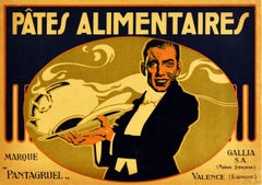 Original Antique Food Advertising Poster Pantagruel Pasta Art Deco Waiter Spain
