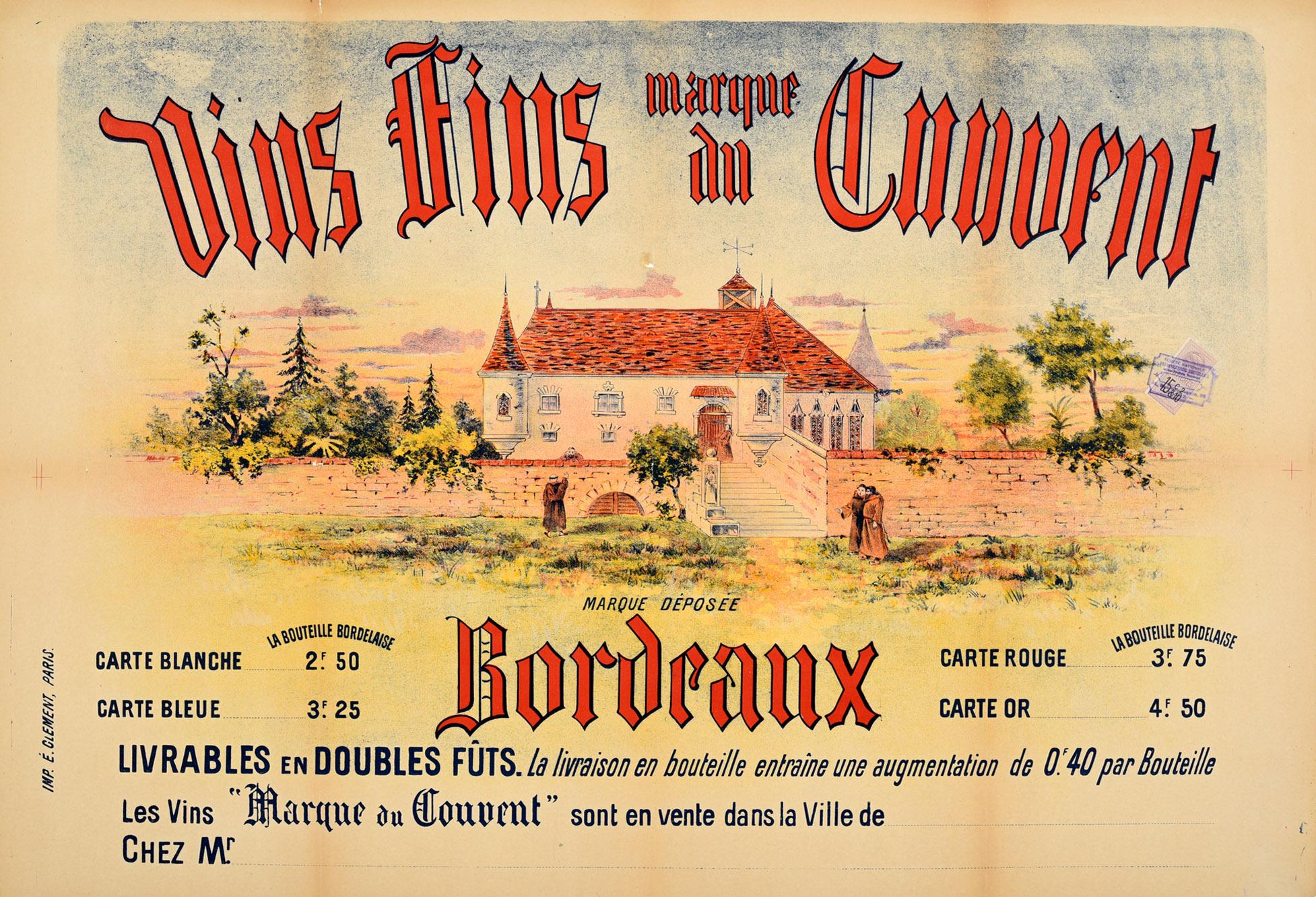 Unknown Print - Original Antique French Bordeaux Wine Poster Vins Fins Marque Du Convent France
