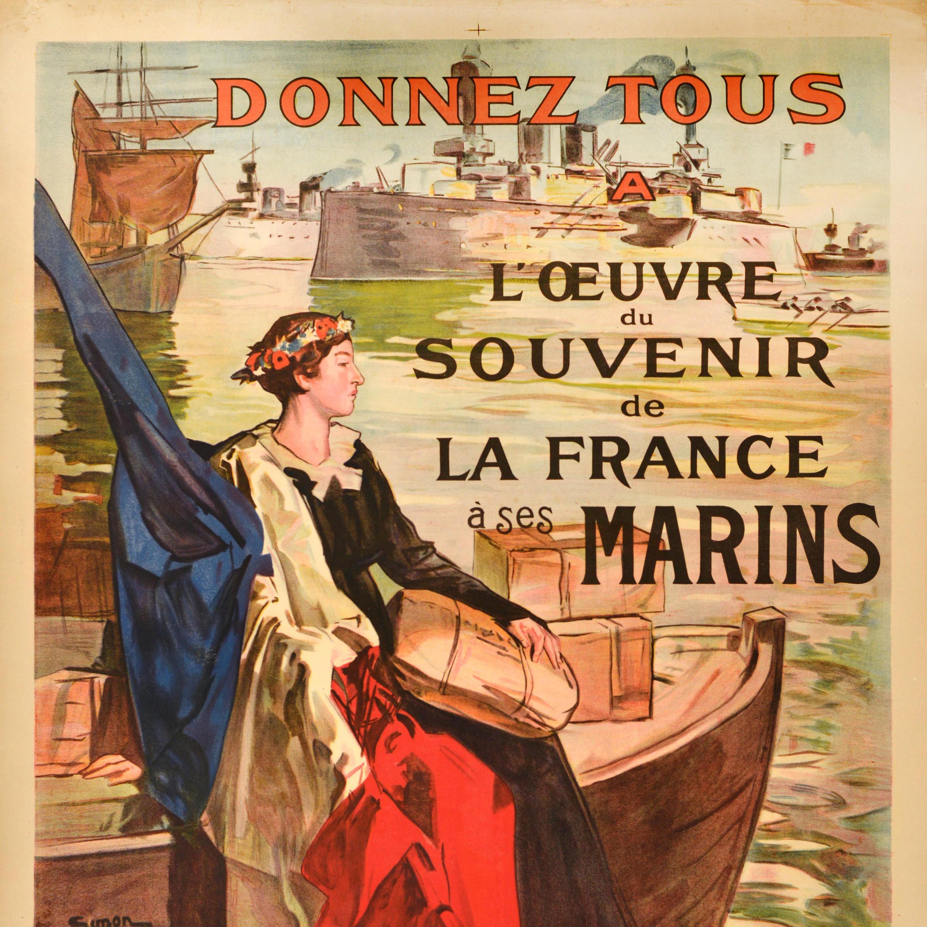Original antique fundraising poster commemorating French sailors and promoting donations - Donnes tous a l'oeuvre du souvenir de la France a ses Marins / Everyone give to the fund in remembrance of the French sailors - featuring an illustration by