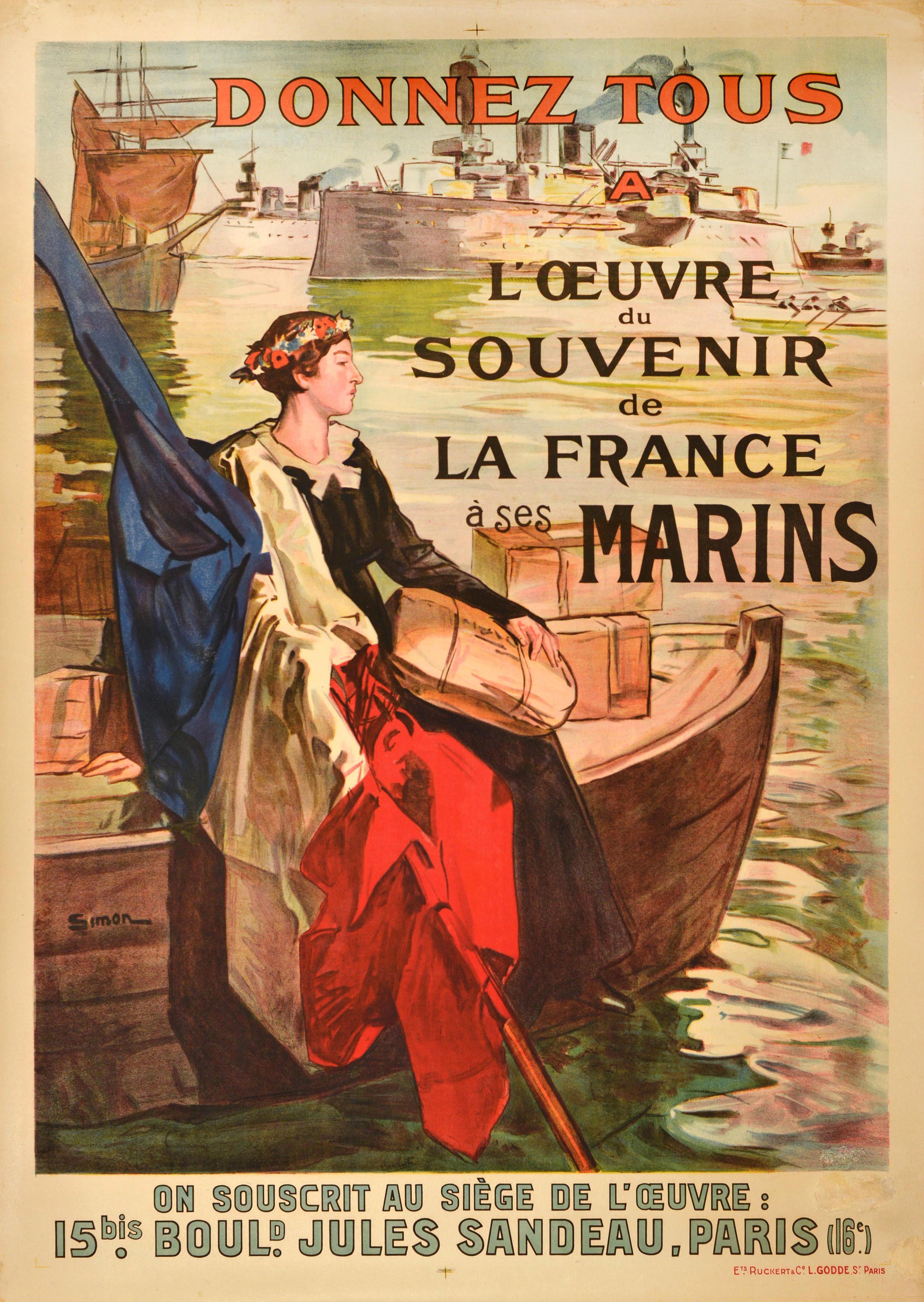 Unknown Print - Original Antique Fundraising Poster French Sailors Fund France Marins Francais