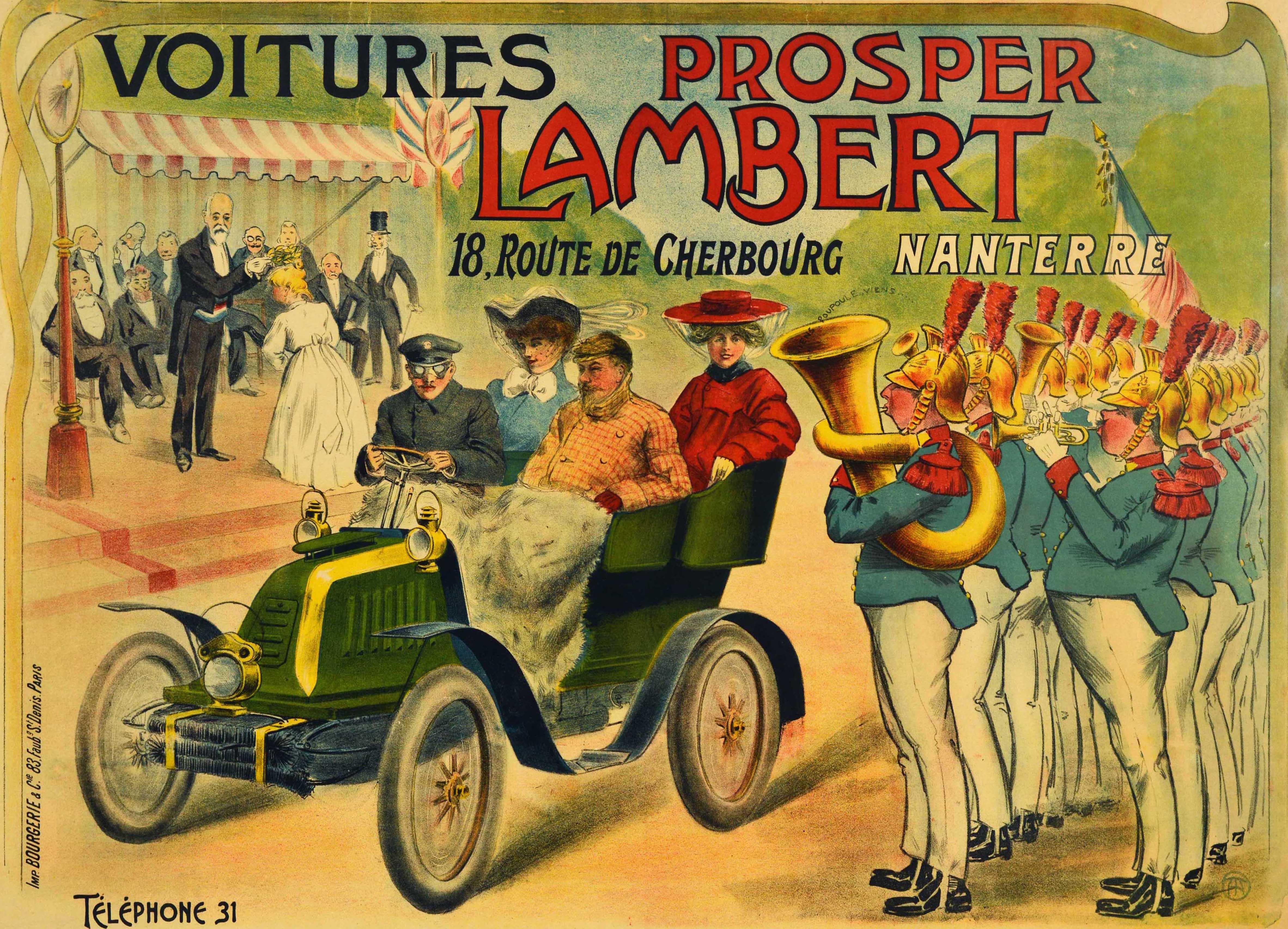 Original antique lithograph advertising poster for a French car manufacturer Prosper Lambert (1901-1906) featuring a great image showing smartly dressed people in a classic car driving past a military band playing music and holding a French flag