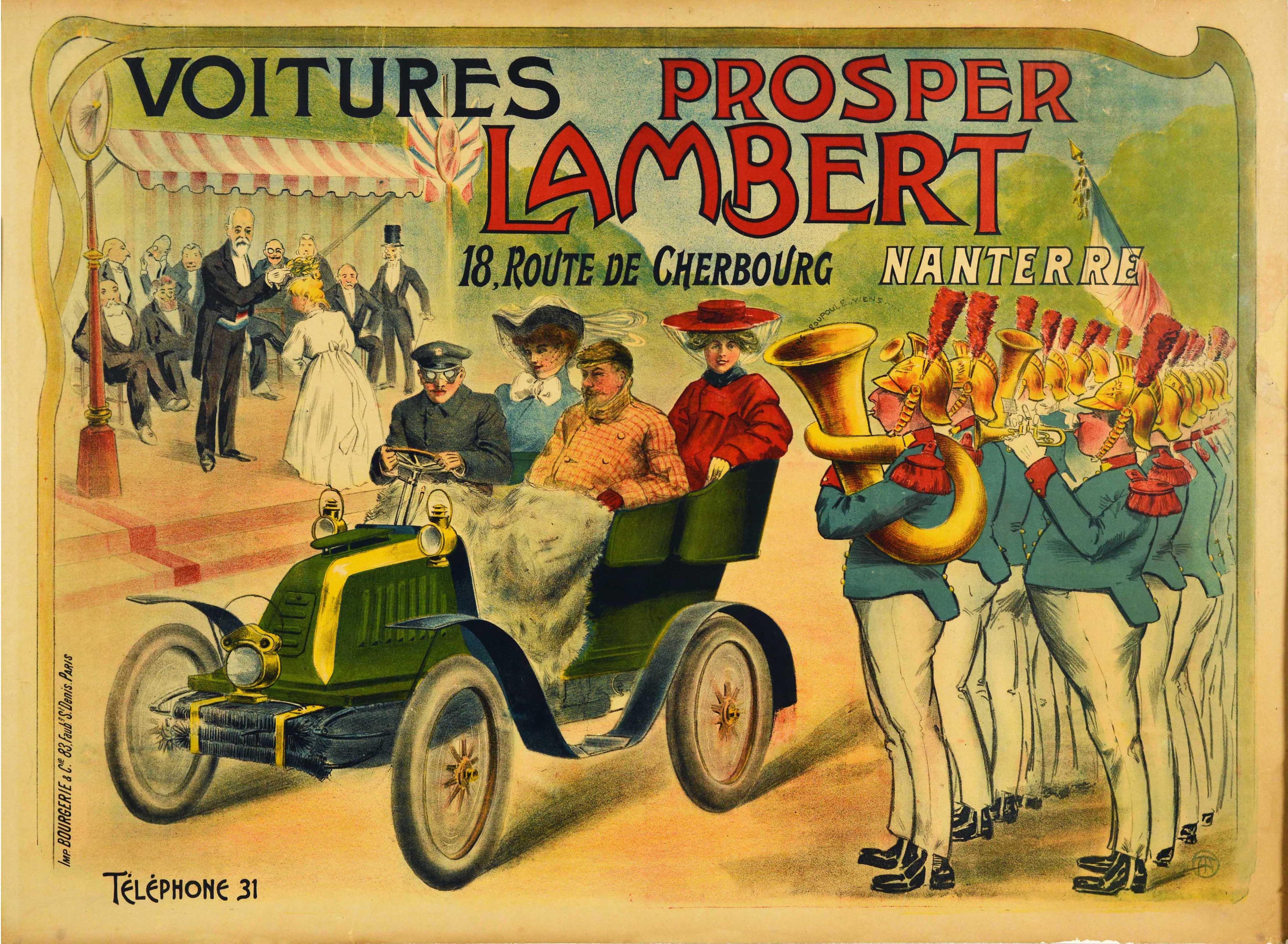 Unknown Print – Original Antikes Lithographie-Poster Voitures, „Prosper Lambert Cars“, Automobilkunst