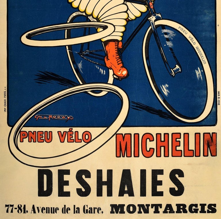 Unknown - Original Antique Michelin Poster Pneu Velo Michelin Man Bibendum  Bicycle Tires at 1stDibs