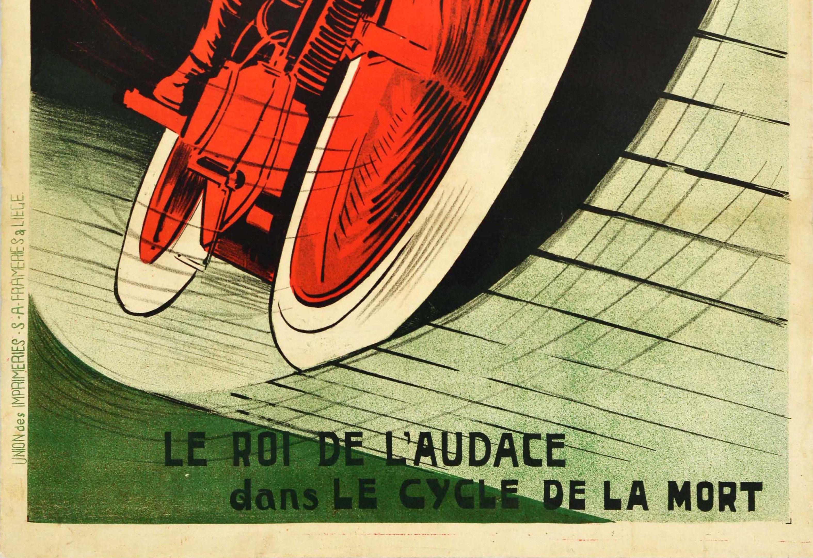 Original antique circus advertising poster for Deen Le Demon Rouge Le roi de l'audace dans le cycle de la mort / The red devil The king of daring in the cycle of death featuring a dynamic design in red depicting a man with a green beard and white
