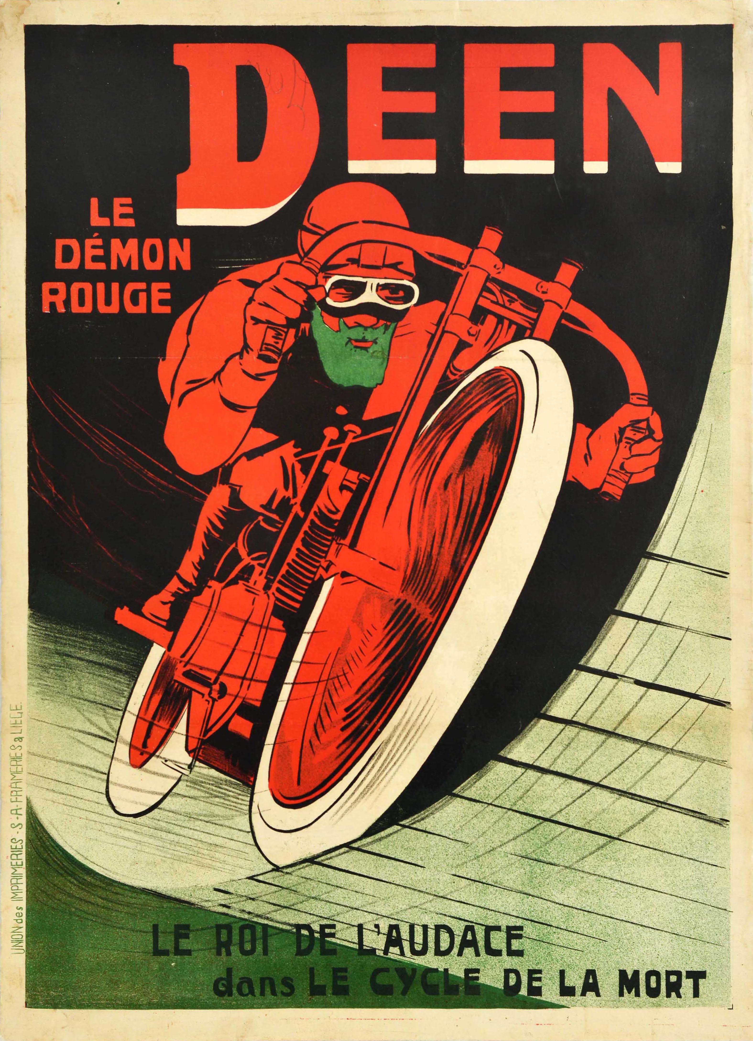 Unknown Print - Original Antique Motorsport Circus Poster Deen Le Demon Rouge Red Devil Design