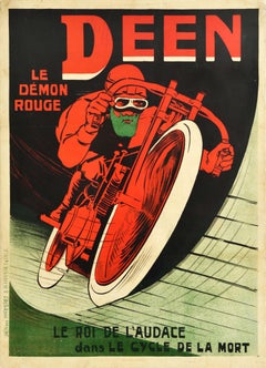 Original Antique Motorsport Circus Poster Deen Le Demon Rouge Red Devil Design