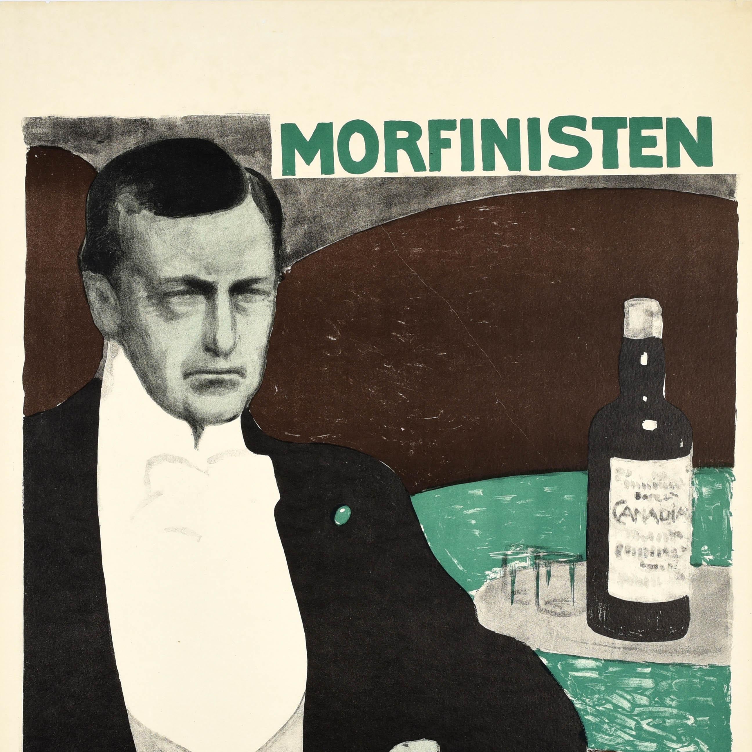 Original antique movie poster for the 1911 short film The Morphine Takers / Morfinisten directed by Louis von Kohl and starring Lili Beck, Alfred Cohn and Vera Fjelstrup features a well-dressed gentleman drug addict holding a needle with a jar of