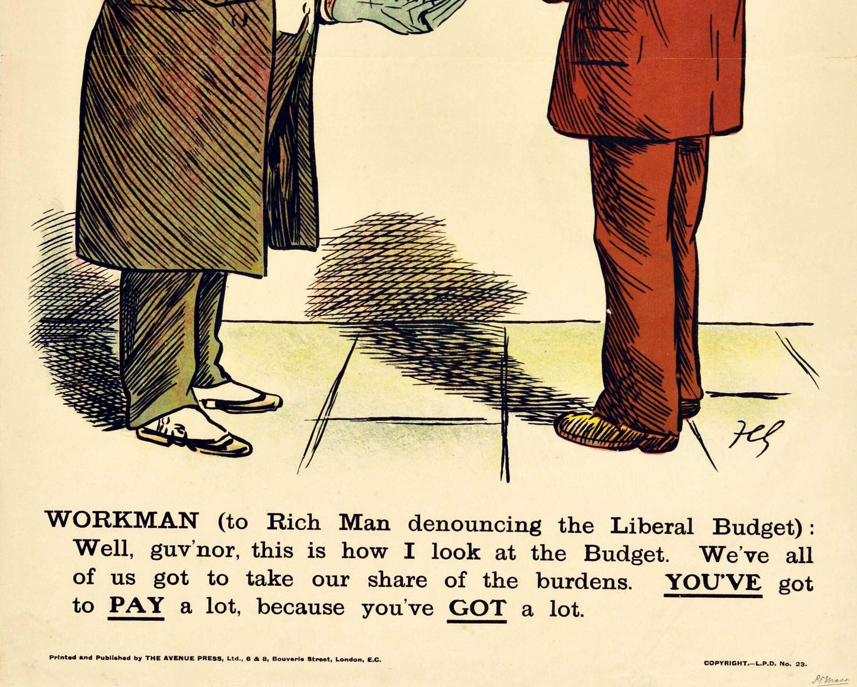 Original Antikes antikes politisches Poster Liberals Budget Tax Grund warum Arbeiter reicher Mann ist (Orange), Print, von Unknown