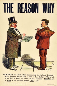 Poster politico originale antico Liberali Bilancio Tassa Ragione per cui Lavoratore Uomo Ricco
