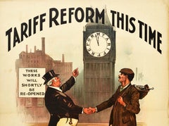 Original Antique Political Poster Tariff Reform This Time Clock John Bull Design