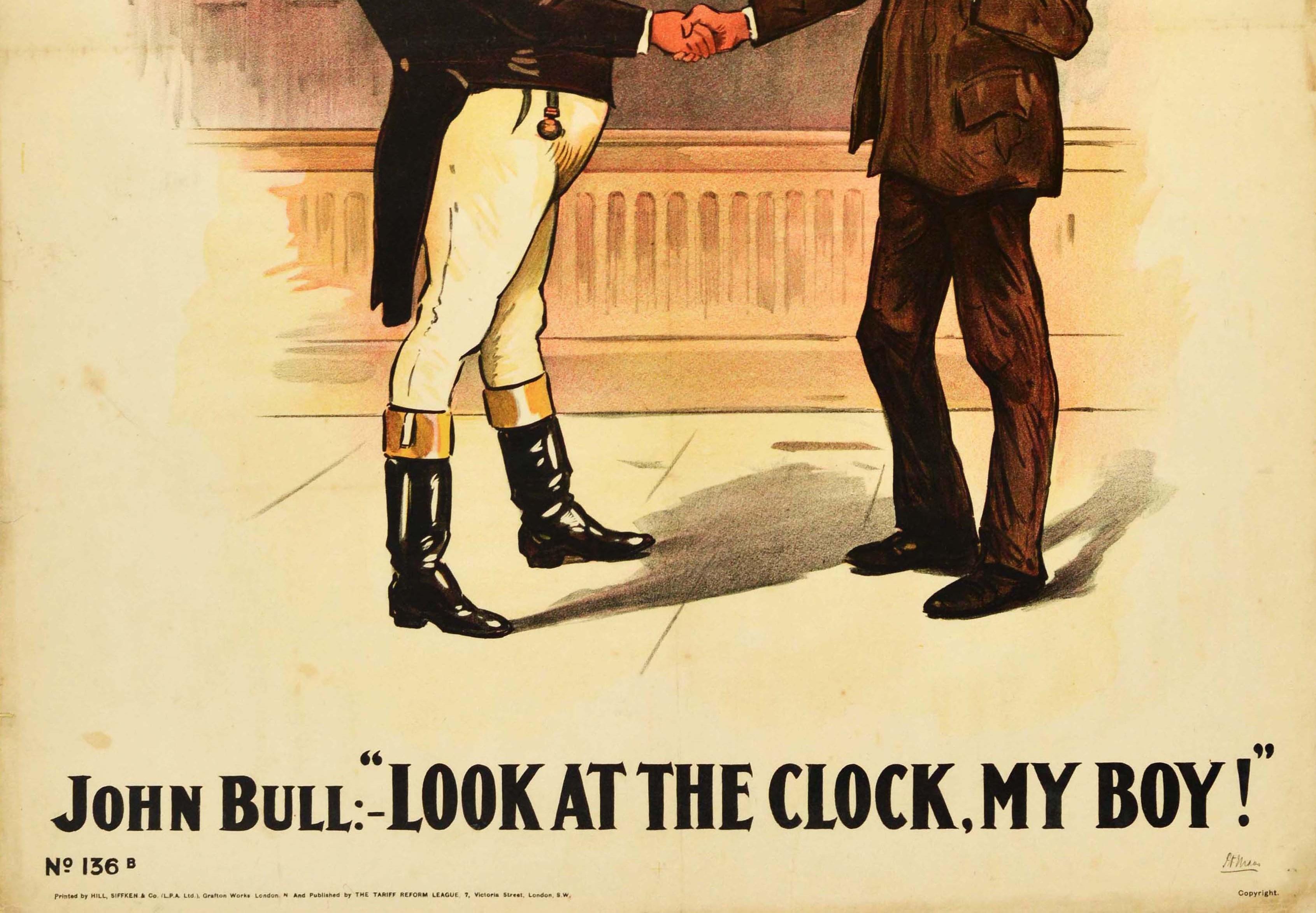 Original Antikes politisches Poster „This Time Clock“ Tarifreform, John Bull Design (Orange), Print, von Unknown