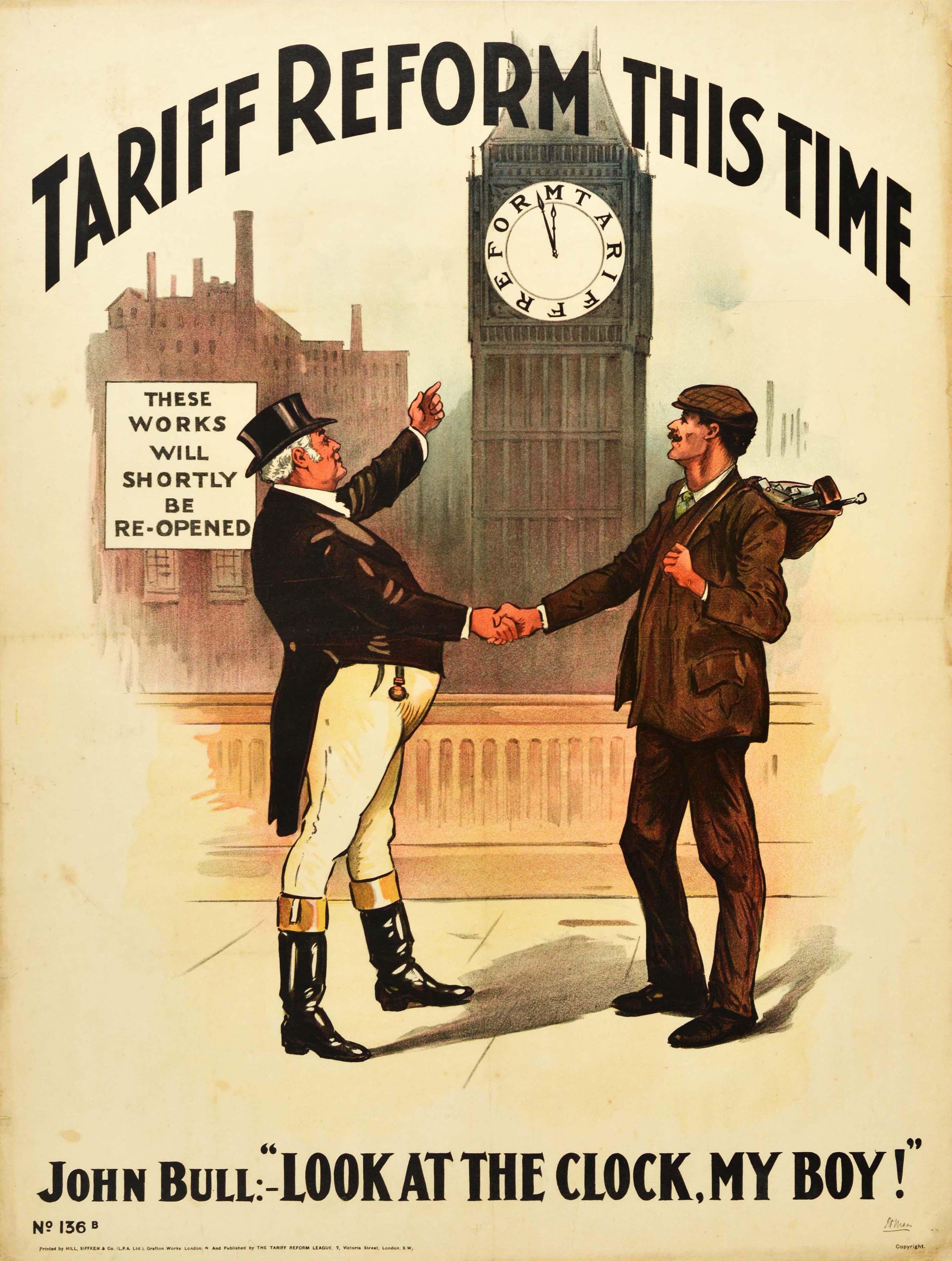 Unknown Print – Original Antikes politisches Poster „This Time Clock“ Tarifreform, John Bull Design