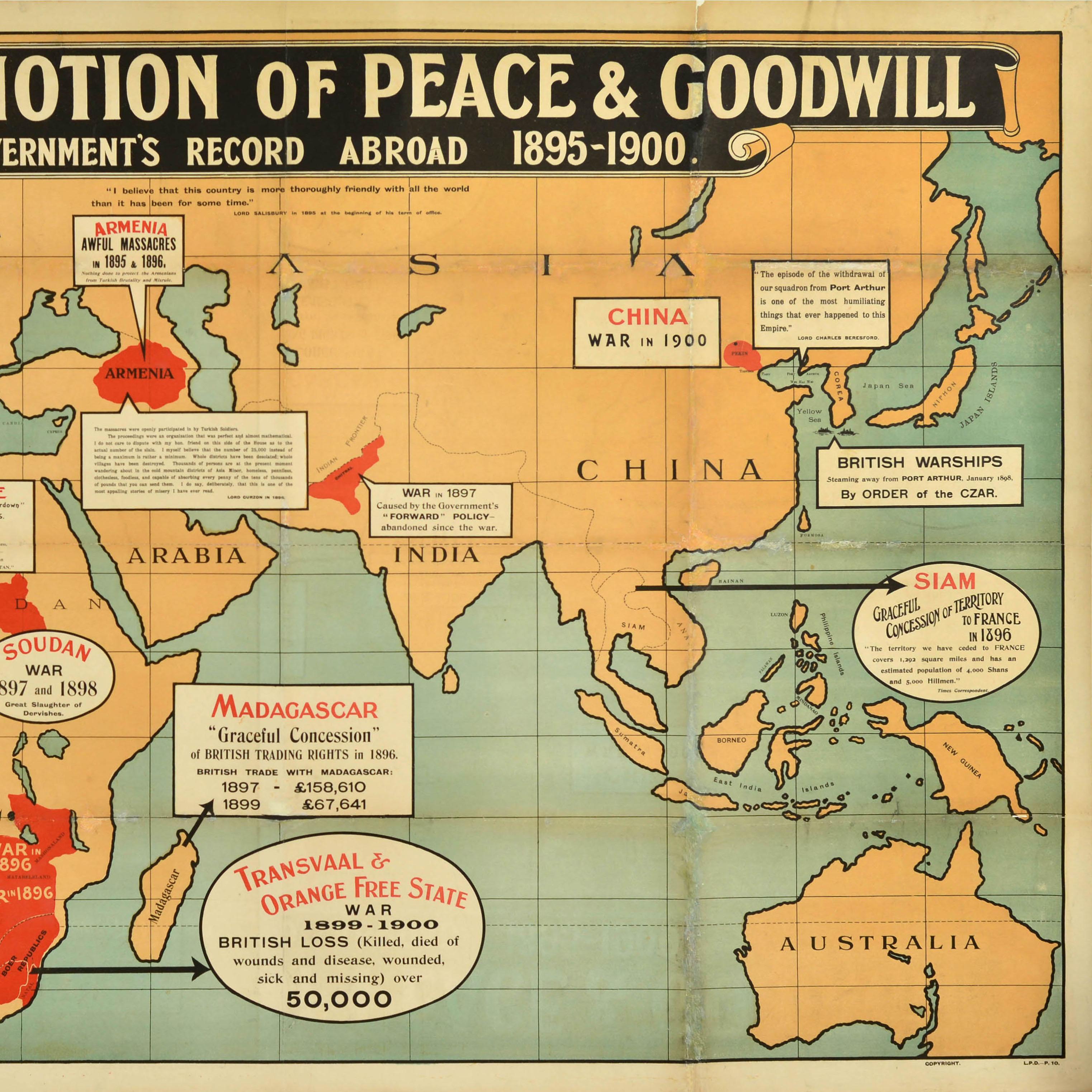 Original antikes politisches Propagandaposter - The Tory Notion of Peace & Goodwill The Government's Record Abroad 1895-1900 - mit einer Weltkarte, auf der Europa, Afrika, Arabien, Indien, China, Asien, Australien und Ozeanien eingezeichnet sind,