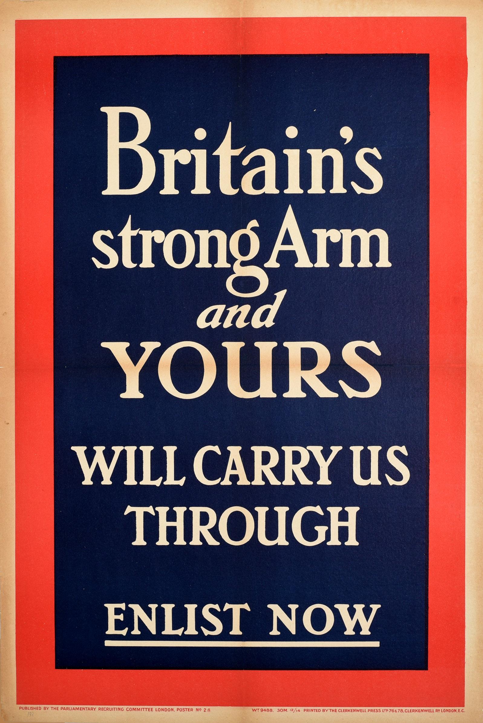 Unknown Print - Original Antique Poster Britain's Strong Arm Enlist Now WWI Military Recruitment