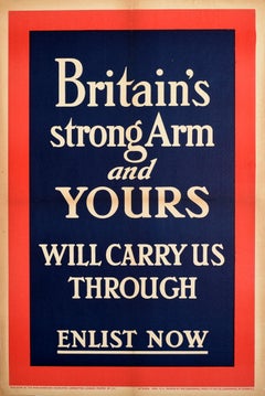 Original Antikes Original-Poster „ Britain's Strong Arm Enlist Now WWI Military Recruitment“