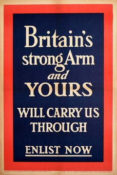 Affiche vintage d'origine d'antiquités - Britain's Strong Arm Enlist - Recrutement militaire de la Première Guerre mondiale