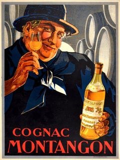 Original Antique Poster Cognac Montangon France Alcohol Drink Advertising Art