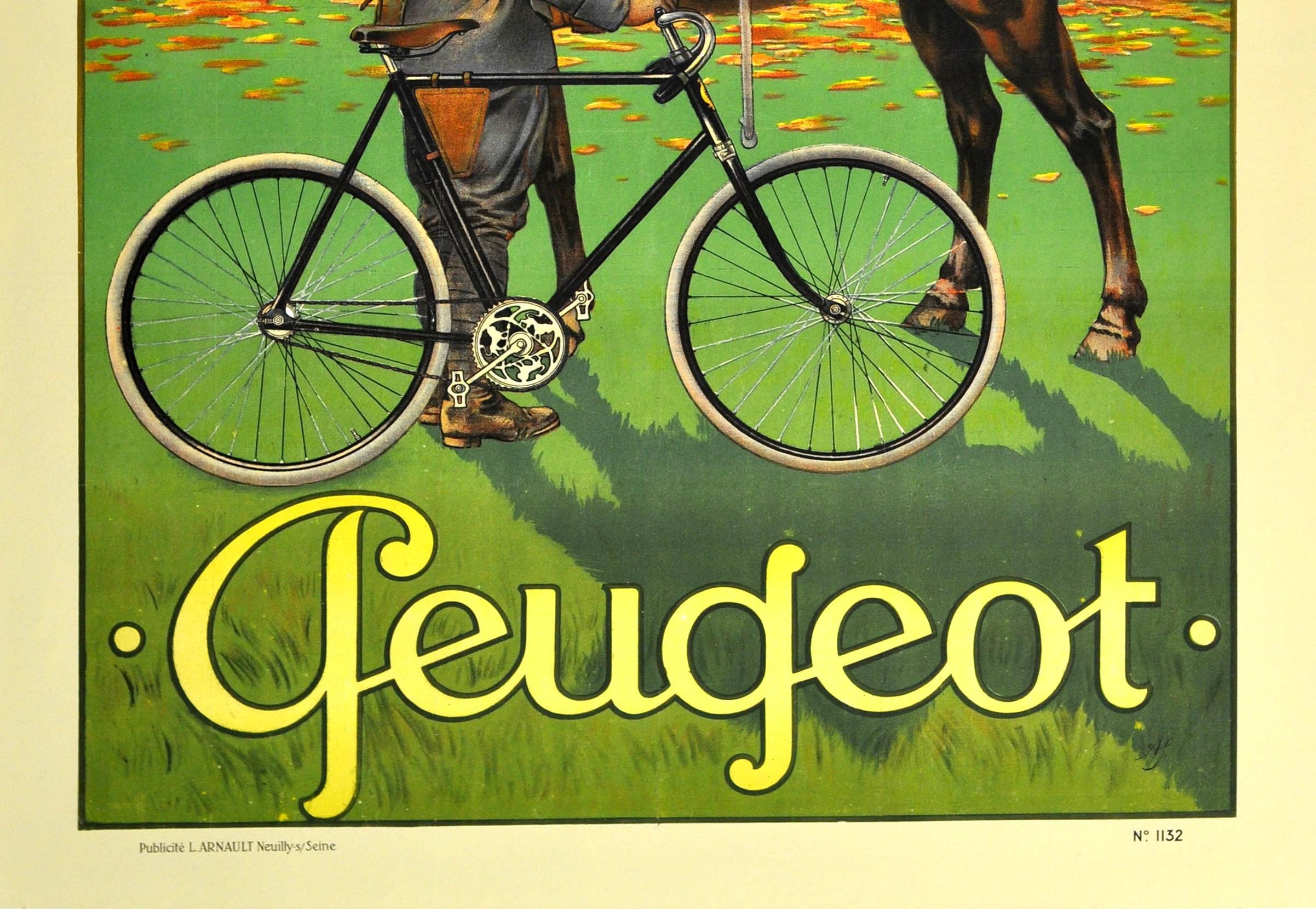 Original Antikes Original-Poster, Fahrrade Peugeot, Messenger, Militärisches Pferd, Soldat (Braun), Print, von Unknown
