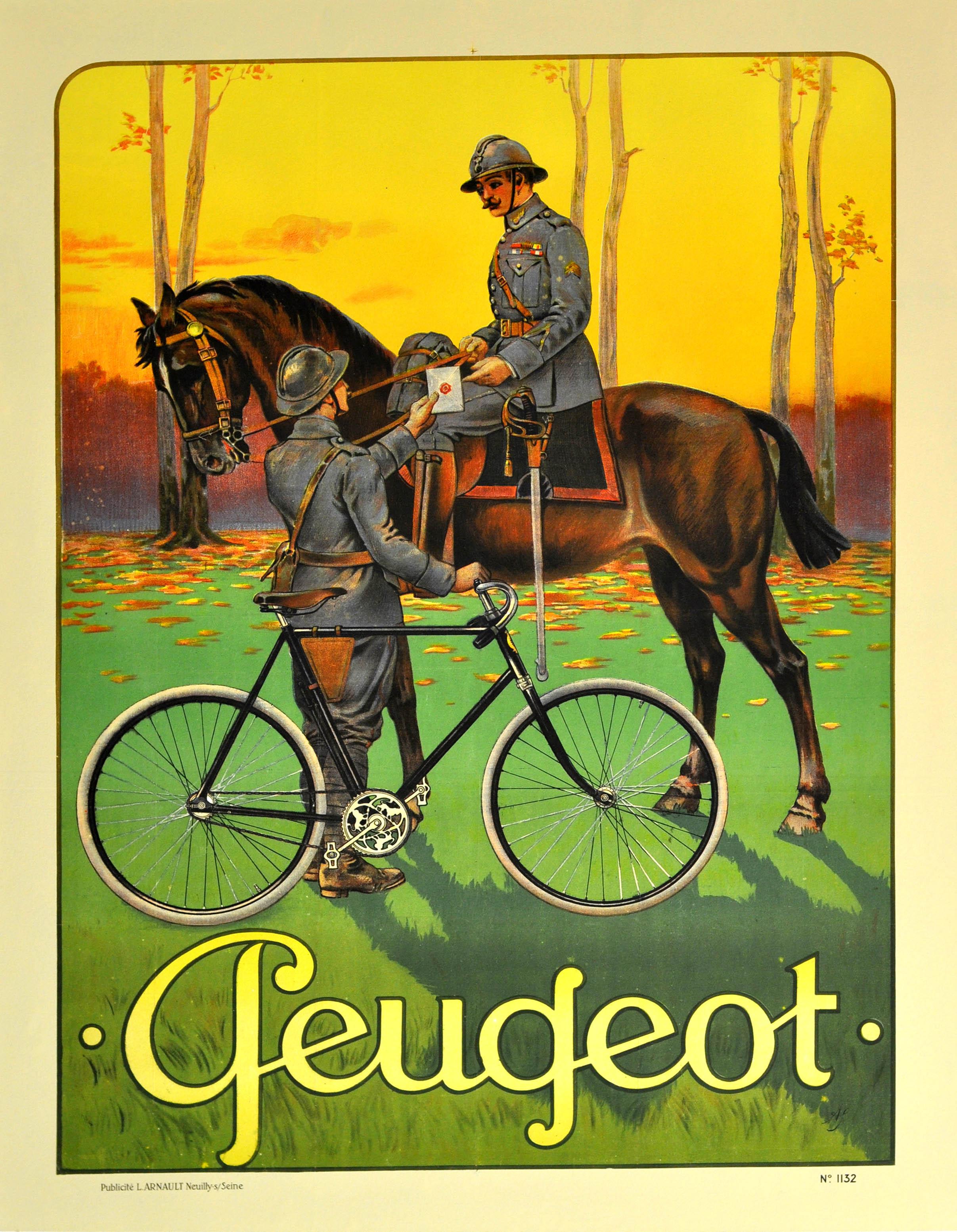 Unknown Print – Original Antikes Original-Poster, Fahrrade Peugeot, Messenger, Militärisches Pferd, Soldat